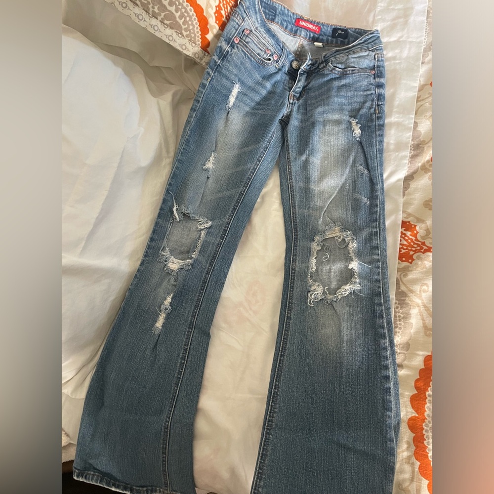Blue Flare Wide Leg Distressed Jeans